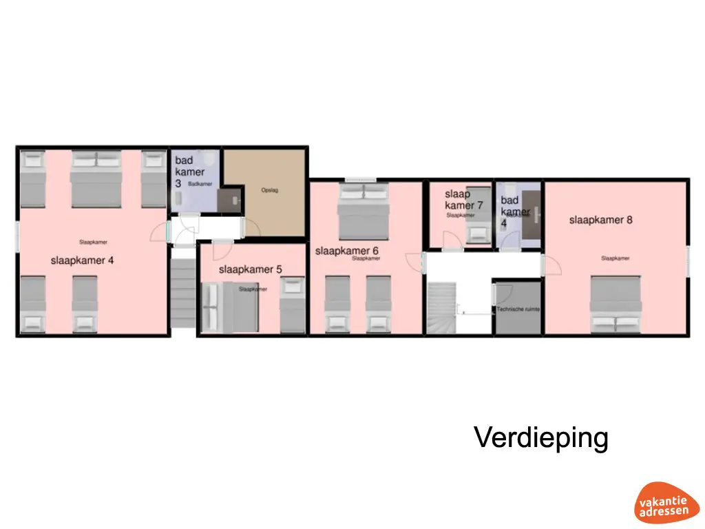 Groepsaccommodatie in Kalmthout (Noord-Brabant) voor 28 personen met 8 slaapkamers en 4 badkamers.