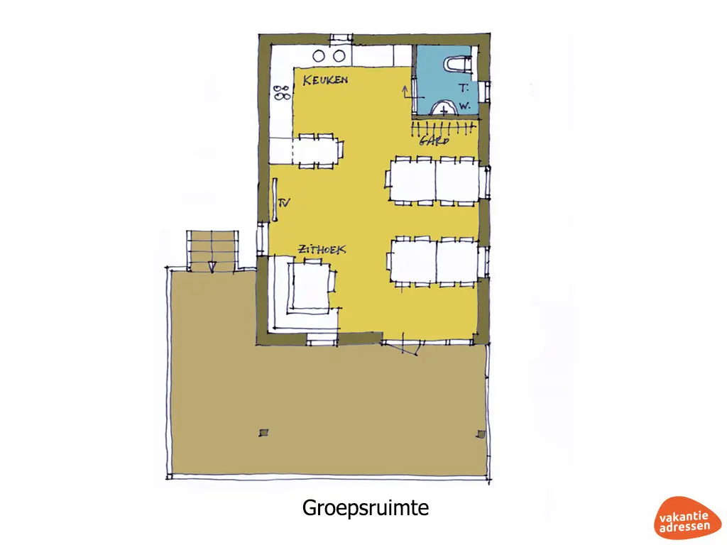 Groepsaccommodatie in Ruinerwold (Drenthe) voor 12 personen met 6 slaapkamers en 3 badkamers.