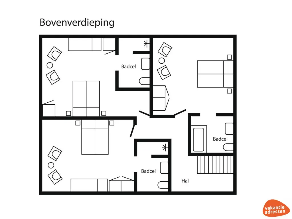 Groepsaccommodatie in Enkhuizen (Noord-Holland) voor 14 personen met 5 slaapkamers en 5 badkamers.