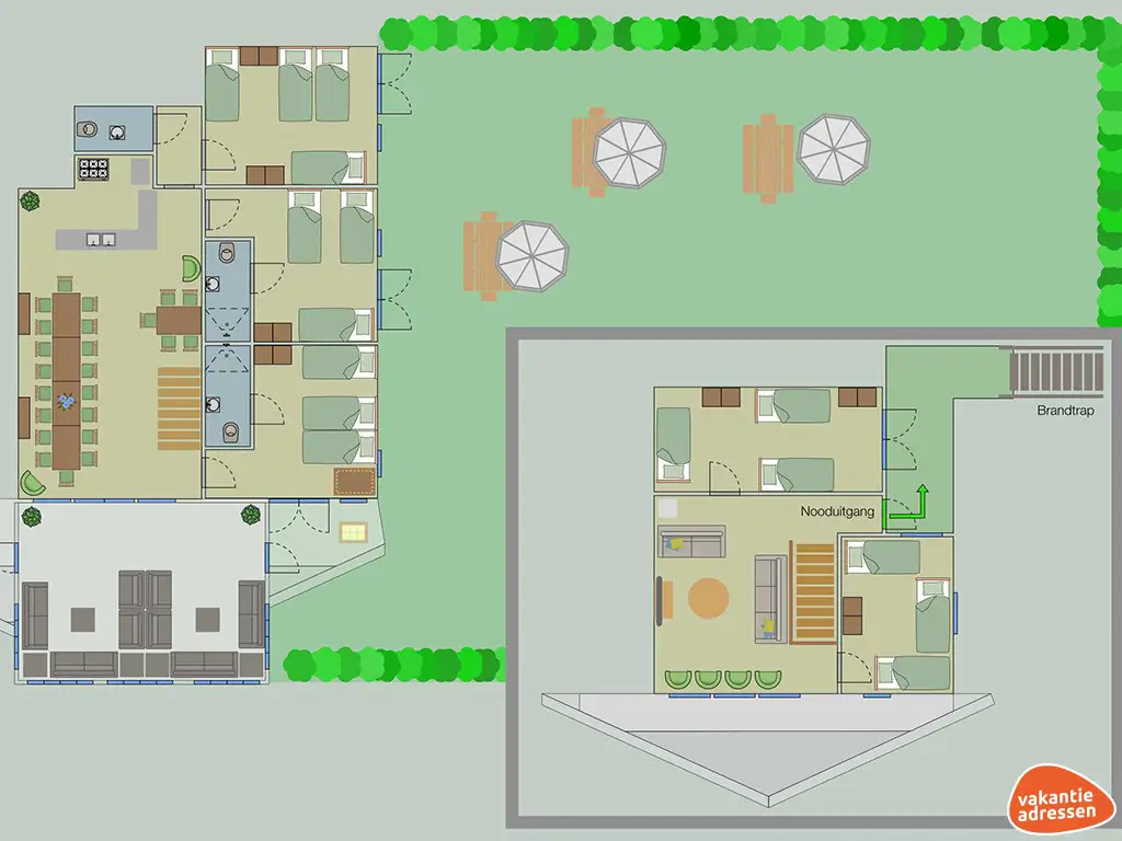 Groepsaccommodatie in Gieterveen (Drenthe) voor 34 personen met 11 slaapkamers en 5 badkamers.